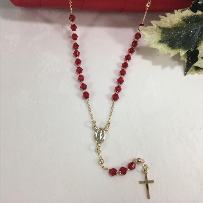 Red Crystal Tiny Rosary Necklace