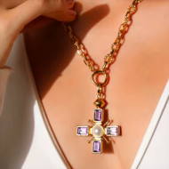 Square Crystal Cross Necklace Purple