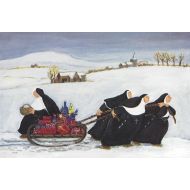 866 Nuns Pulling Sled by Loxton Christmas Card