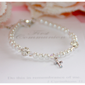 First Communion Glass Pearl Bracelet with Crystals