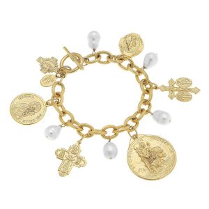 Freshwater Pearl & Saints Gold Bracelet