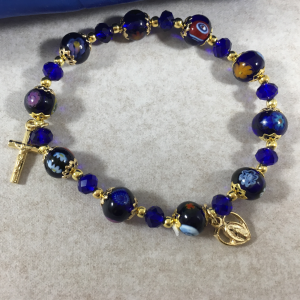 Murano Glass Blue Gold Stretch Rosary Bracelet