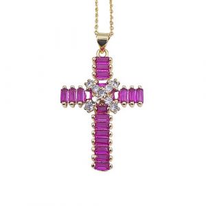 Pink Crystal Baguette Cross Necklace