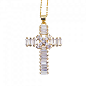 Crystal Baguette Cross 14kt Gold Plated Necklace