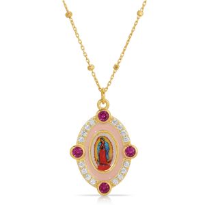 Our Lady of Guadalupe Enamel Crystal Necklace-PINK