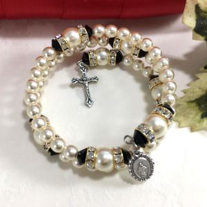 Pearl & Black Crystal Wrap Rosary Bracelet