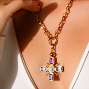 Square Crystal Cross Necklace Purple