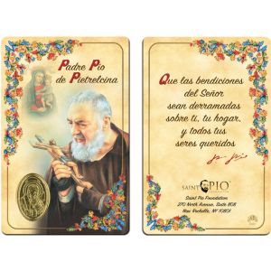 Padre Pio Prayer Card with Medal Spanish