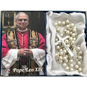 Pope Leo XIV Pearl Rosary with Prayercard