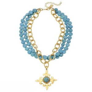 Double Genuine Turquoise Cross Necklace