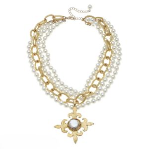 Triple Pearl Gold Pearl Cross Necklace